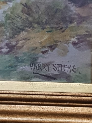 HENRY HARRY JAMES STICKS 1867 - 1938 WATERCOLOUR 12CM X 18CM COTTAGE BY A RIVER FRAMED LABEL OF - Image 2 of 2