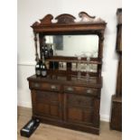 LATE 19TH CENTURY CARVED MAHOGANY MIRROR BACK SIDEBOARDS WITH ARTS AND CRAFTS HANDLES 136CM WIDE