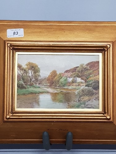 HENRY HARRY JAMES STICKS 1867 - 1938 WATERCOLOUR 12CM X 18CM COTTAGE BY A RIVER FRAMED LABEL OF