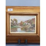HENRY HARRY JAMES STICKS 1867 - 1938 WATERCOLOUR 12CM X 18CM COTTAGE BY A RIVER FRAMED LABEL OF