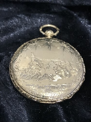 SUPERB 18CT HUNTER FOB WATCH ALL CASES GOLD DEPICTING AND INDIAN RIDING ON THE BACK OF A TRAIN OF - Image 2 of 3