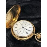18CT GOLD MINUTE REPEATING FULL HUNTER WATCH CHRONOGRAPH BEAUTIFUL COATS OF ARMS 211G