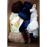 A BOX CONTAINING A VICTORIAN NIGHT DRESS AND FURS ETC