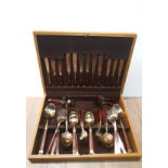 TEAK CUTLERY CASE CONTAINING BRONZE CUTLERY MADE IN THAILAND