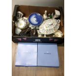 A BOX OF ASSORTED WARE INC ROYAL COPENHAGEN PLATES AND MINTONS WARE ETC