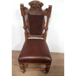 6 ANTIQUE CARVED OAK LEATHER STUDDED DINING CHAIRS