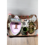 A BOX MISCELLANEOUS INC MAJOLICA AND SHIP IN A BOTTLE ETC