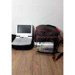 A JVC DIGITAL CAMCORDER IN BAG WITH ACCESSORIES TOGETHER WITH A TOSUMI PORTABLE DVD PLAYER