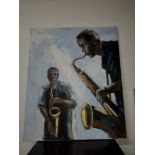 LARGE OIL ON CANVAS JAZZ 2 TROMBONEISTS