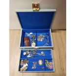 A BOX OF COSTUME JEWELLERY CAMEO BROOCHES ETC