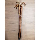 A BUNDLE OF FIVE WALKING STICKS INCLUDING ONE WITH BRASS EAGLE HANDLE