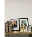 2 X MODERN PRINTS AND A SET OF 6 WINE GLASSES WITH A TWIN BOTTLE HOLDER