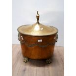 A VINTAGE BRASS LIDDED LOG BOX WITH TWIN HANDLES