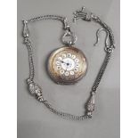 LADIES SILVER FOB WATCH WITH AN HEAVY ORNATE ALBERT CHAIN