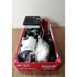 A BOX OF ELECTRICALS INCLUDING HAND HELD VACUUMS ETC