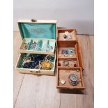 TWO BOXES CONTAINING COSTUME JEWELLERY AND SILVER TOPPED PIECES ETC