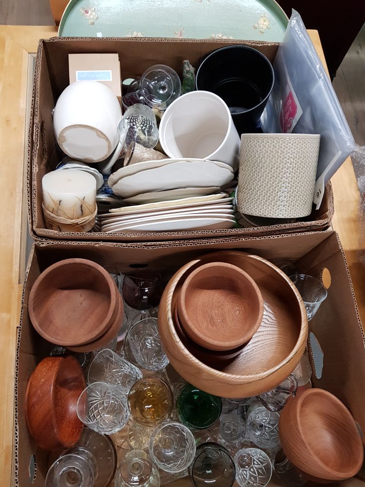 TWO BOXES OF ASSORTED GLASS AND WOODEN BOWLS ETC