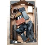 A BOX OF VINTAGE CAMERAS WITH WOOD PLANES AND A BRASS CLOCK ETC