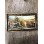 A FRAMED OIL ON CANVAS PAINTING WARSHIPS AT SEA