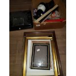 A BOX OF ASSORTED GOODS INC DOMINOS ETC AND A MINI SAFE AND 9 ASSORTED PICTURE FRAMES ETC