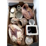 A BOX OF MISCELLANEOUS STONEWARE PIECES JELLY MOULD VASES ETC