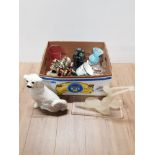 A BOX OF ASSORTED GOODS INCLUDING STAFFORDSHIRE DOG AND FROSTED GLASS LADY ORNAMENT ETC