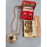 GILT POCKET WATCH WITH TWO ALBERT CHAINS AND CUFFLINKS