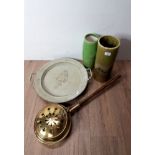 A BRASS CHESTNUT ROASTER AND METAL TRAY TOGETHER WITH TWO DECORATIVE VASES