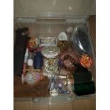 A BOX CONTAINING MINI JEWELLERY HOLDERS PERFUME BOTTLES AND SUNGLASSES ETC
