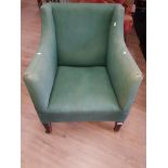 A GREEN EDWARDIAN BOX LIBRARY CHAIR ORIGINAL CASTERS
