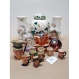 LARGE MASONS IRONSTONE LIDDED GINGER JAR AND TWO AYNSLEY VASES TOGETHER WITH MINIATURE TOBY JUGS OF