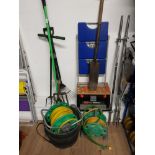 TWO HOSE ON REELS WITH A BUNDLE OF GARDEN TOOLS AND WORKMATES WORKBOX ETC