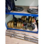 THREE SETS OF DUMBBELL FREE WEIGHTS TOGETHER WITH TWO BENCH PRESS BARS AND CURLING BAR