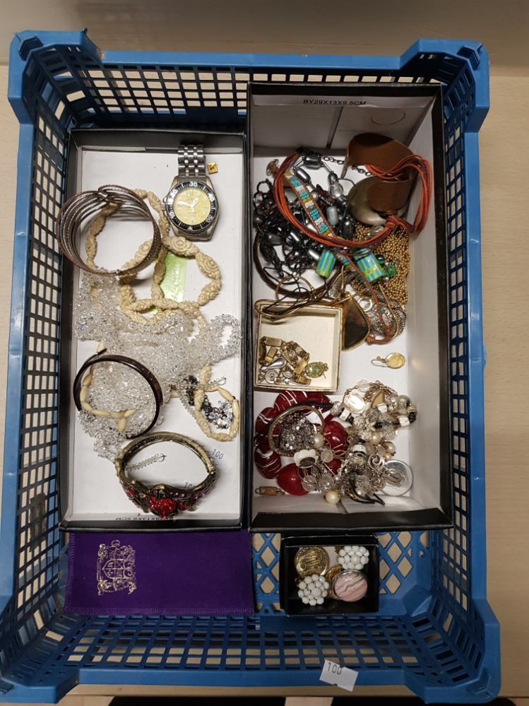 CRATE OF COSTUME JEWELLERY INCLUDING NECKLACES AND BANGLES GENTS WATCH ETC