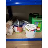 THREE TUBS OF PAINT AND WALLPAPER ROLLS WITH TUBS OF TIMBERCARE ETC