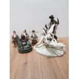 BRONZE EFFECT FIGURE FISHERMAN AND SON WITH FIVE MORE FIGURES MAINLY CHINESE STYLE