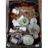 BOX OF MIXED GLASS AND CHINA ALSO CONTAINS CUTLERY