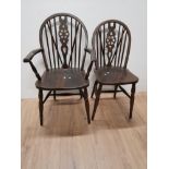 SET OF SIX WINDSOR WHEEL BACK CHAIRS INCLUDING TWO CARVERS AND FOUR SINGLES