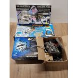 THREE RC HELICOPTERS AND BOX OF REMOTE CONTROLS