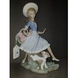 LLADRO GIRL SKIPPING WITH FLOWERS AND PUPPY