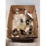 BOX CONTAINING GLASS DECANTERS LIDDED TANKARDS AND EASTERN STYLE JUGS ETC