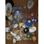 A BOX OF ASSORTED WARE INC GLASS WARE AND FIGURES ETC