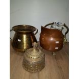 A BRASS AND COPPER COAL SCUTTLE AND BRASS CENSOR AND A SPITOON