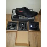 A PAIR OF EMILIO LUCA SHOES SIZE 13 AND 3 ASSORTED MOUNTED BICYCLE LIGHTS