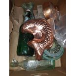 A BOX OF ASSORTED WARE INC COPPER WARE AND GLASS BOTTLES ETC