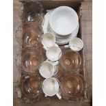 BOX CONTAINING 6 GLASS CHANDELIER LIGHT SHADES AND CREAM DINNERWARE