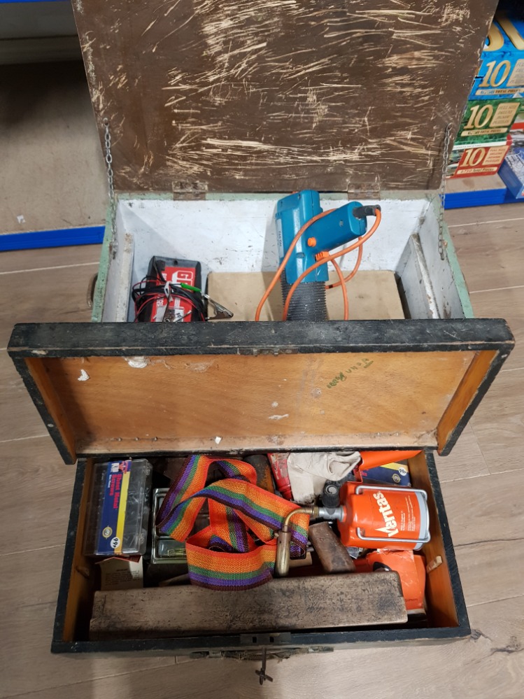 2 VINTAGE WOODEN TOOL CHESTS BOTH WITH CONTENTS INC GP4 BATTERY CHARGER