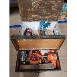 2 VINTAGE WOODEN TOOL CHESTS BOTH WITH CONTENTS INC GP4 BATTERY CHARGER