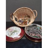 NICELY DECORATED LIMOGES LIDDED BOWL AND WICKER BASKET CONTAINING MISC COSTUME JEWELLERY