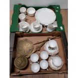 BOX OF ROYAL DOULTON CAPRICE DINNERWARE AND A BOX OF FINE BONE TEA CHINA PLUS BRASS BED PAN ETC